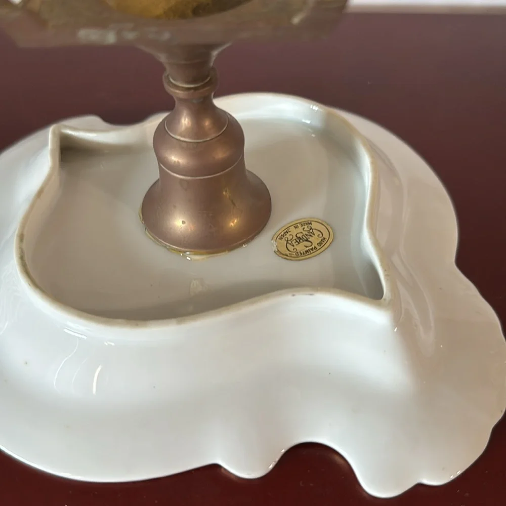 Recreated vintage hand-painted porcelain trinket or candy dish,w/brass pedestal
